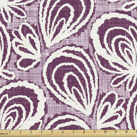 Ambesonne Abstract Fabric by the Yard Upholstery, Vintage Boho Pattern Leafy, 3 Yards, Plum Pale Purple and White