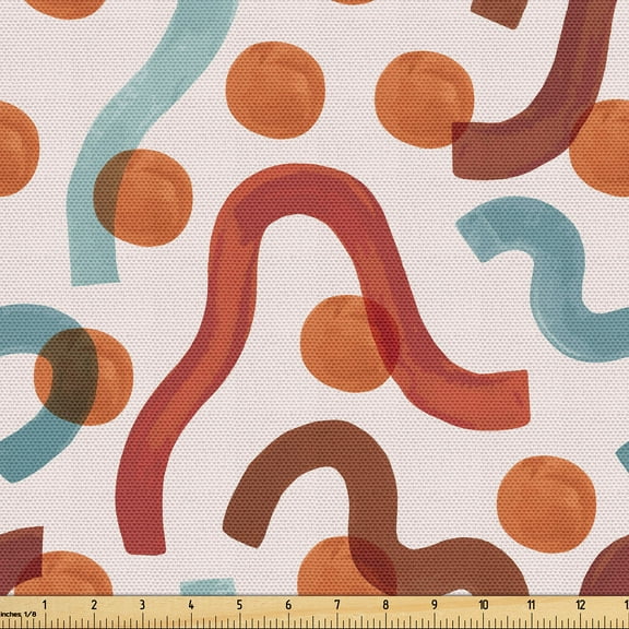 Ambesonne Abstract Fabric by the Yard Upholstery, Wavy Stripes Circles Motif, 1 Yard, Cinnamon Pearl and Blue