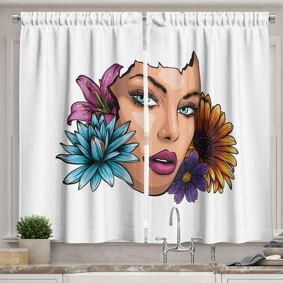 Ambesonne Abstract Face Kitchen Curtains, Lady with Flowers Art, 55"x24", Pastel Brown Dark Orange
