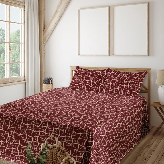 Ambesonne Abstract Fitted & Flat Sheet with Sham 3 Pcs Set, Lines Wavy Forms Pattern, Twin XL, Maroon Pale Brown