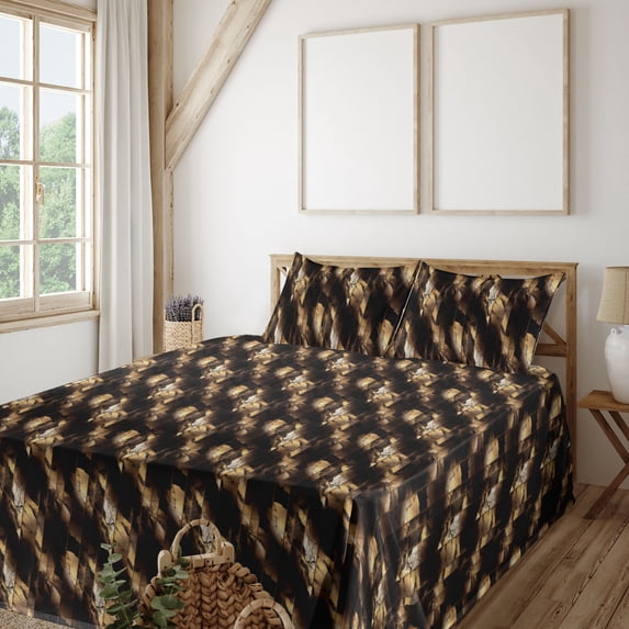 Ambesonne Abstract Fitted & Flat Sheet with Sham 3 Pcs Set, Marble Print Grunge Design, Twin, Camel Eggshell Off White