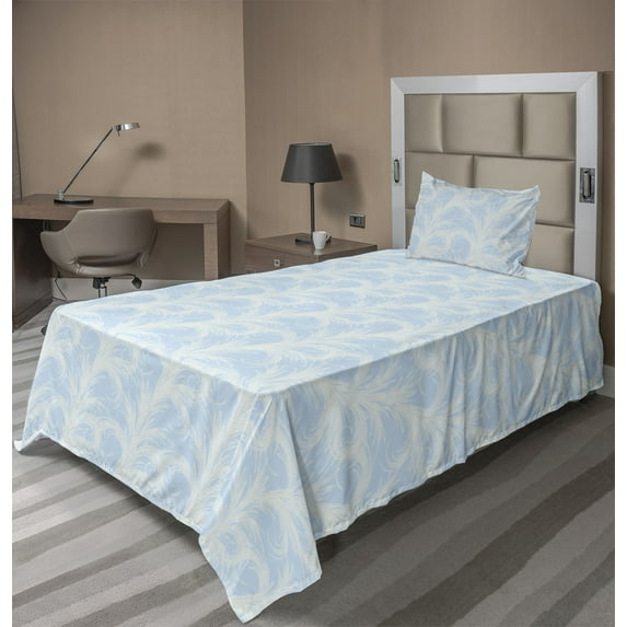 Ambesonne Abstract Fitted & Flat Sheet with Sham 3 Pcs Set, Modern Art Feather in Wind, Twin XL, Soft Blue Off White