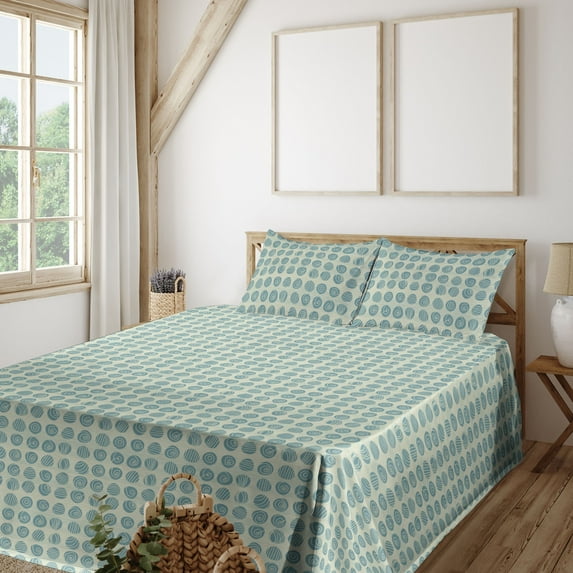 Ambesonne Abstract Fitted & Flat Sheet with Sham 3 Pcs Set, Sketchy Design Geometric, Twin XL, Cadet Blue and Pale Yellow