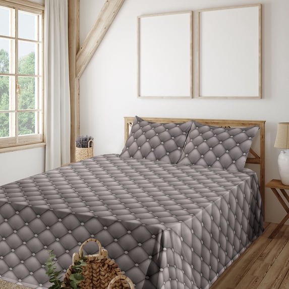 Ambesonne Abstract Fitted & Flat Sheet with Shams 4 Pcs Set, Geometric Print Motifs Art, Full, Dimgray
