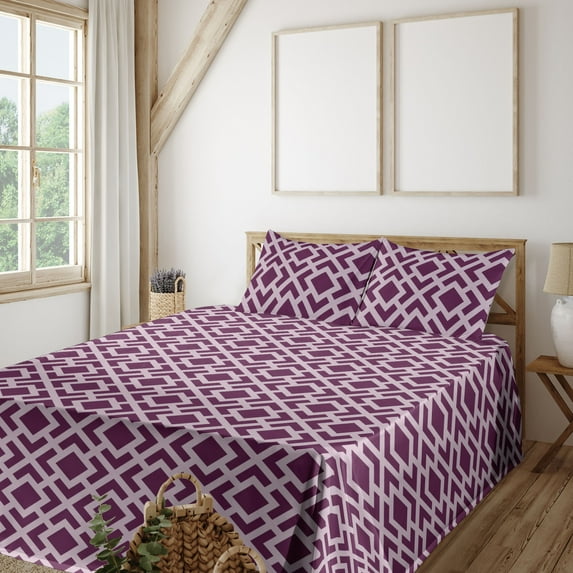 Ambesonne Abstract Fitted & Flat Sheet with Shams 4 Pcs Set, Squares Pattern Winery Art, Calking, Purple Lilac