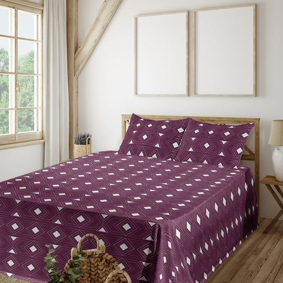 Ambesonne Abstract Fitted & Flat Sheet with Shams 4 Pcs Set, Triangles Squares Geometry, King, Dark Magenta and Camel