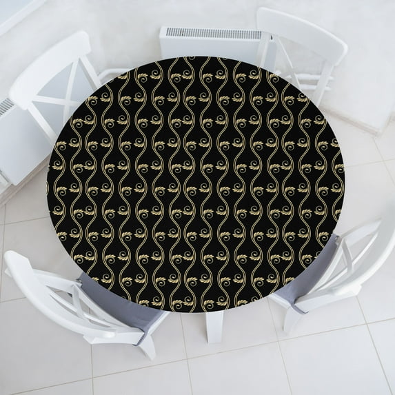 Ambesonne Abstract Fitted Round Tablecloth, Art Deco Pattern Damask, 40"- 44" Diameter, Charcoal Grey and Beige