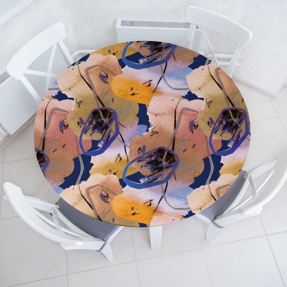 Ambesonne Abstract Fitted Round Tablecloth, Colorful Design Brush Art, 56"- 60" Diameter, Dark Lavender and Marigold
