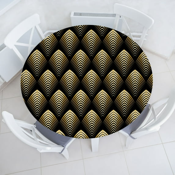 Ambesonne Abstract Fitted Round Tablecloth, Geometric Pattern Retro, 36"- 40" Diameter, Charcoal Grey Mustard