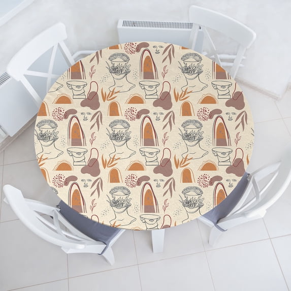 Ambesonne Abstract Fitted Round Tablecloth, Repetitive Leafy Pattern, 36"- 40" Diameter, Eggshell Pale Mustard