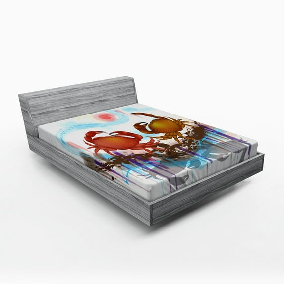 Ambesonne Abstract Fitted Sheet, 2 Crabs Dancing Sea, Full Size, Brown Pale Blue