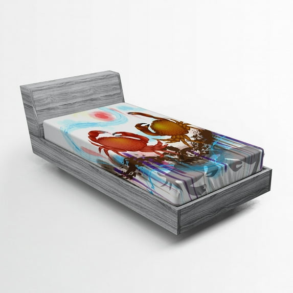 Ambesonne Abstract Fitted Sheet, 2 Crabs Dancing Sea, Twin Size, Brown Pale Blue