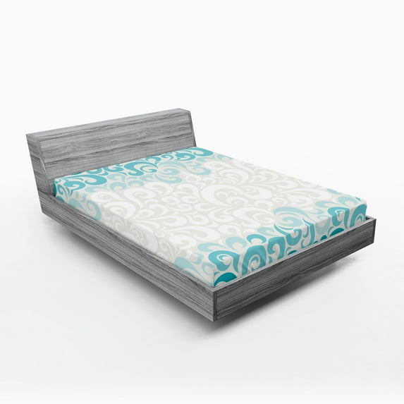 Ambesonne Abstract Fitted Sheet 2 Pcs Set, Floral Classic Design, Queen, Teal Turquoise White