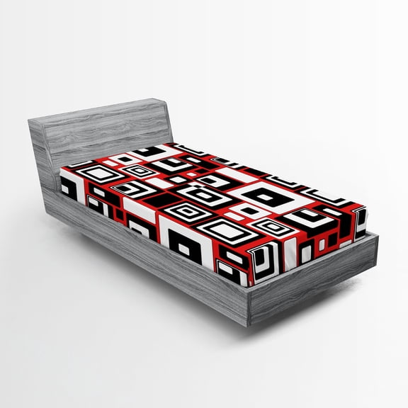 Ambesonne Abstract Fitted Sheet 2 Pcs Set, Minimalist Retro, Twin, Vermilion and Charcoal Grey
