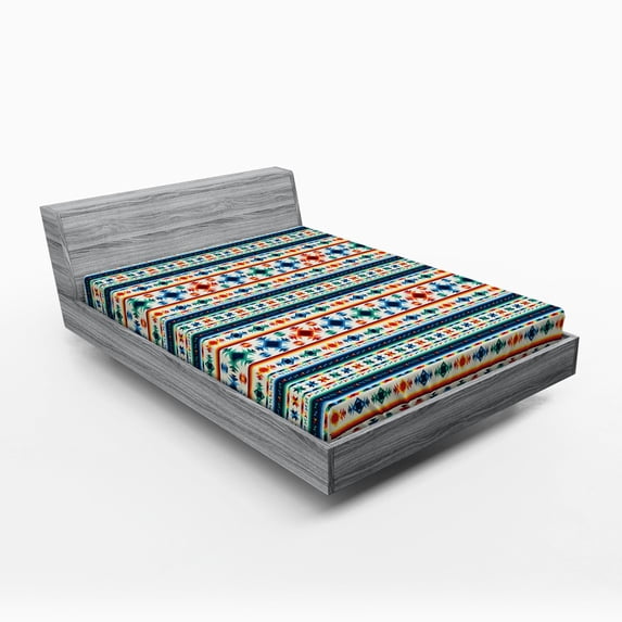 Ambesonne Abstract Fitted Sheet, Aztec Geometry Prehistoric, Full Size, Blue White and Orange