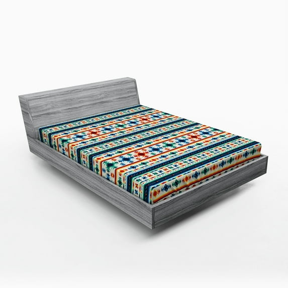 Ambesonne Abstract Fitted Sheet, Aztec Geometry Prehistoric, Queen Size, Blue White and Orange