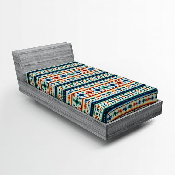 Ambesonne Abstract Fitted Sheet, Aztec Geometry Prehistoric, Twin XL Size, Blue White and Orange