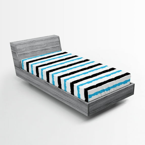 Ambesonne Abstract Fitted Sheet, Color Bands Stripes, Twin Size, Aqua Black White