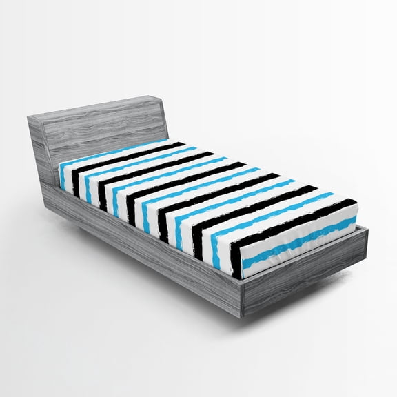 Ambesonne Abstract Fitted Sheet, Color Bands Stripes, Twin Size, Aqua Black White