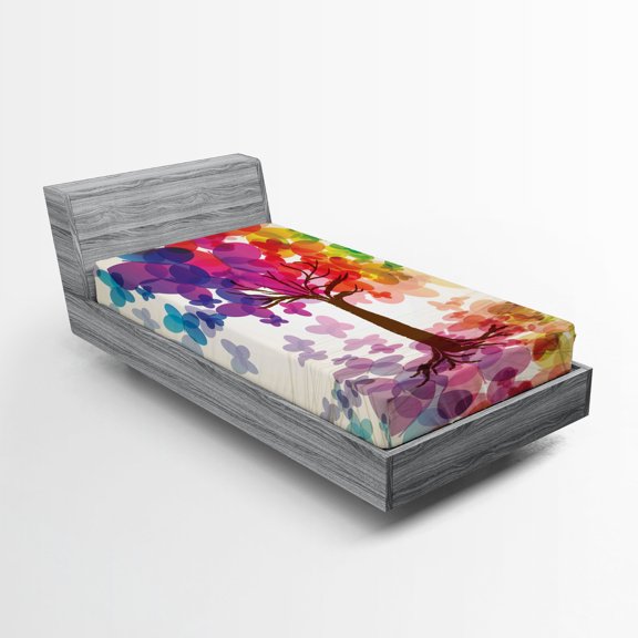 Ambesonne Abstract Fitted Sheet, Colorful Spring Tree, Twin Size, Multicolor