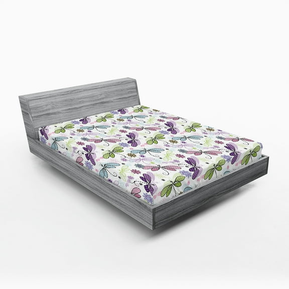 Ambesonne Abstract Fitted Sheet, Dragonflies Flowers, Full Size, Pale Blue Purple