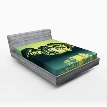 Ambesonne Abstract Fitted Sheet, Forest Tree Landscape, Full Size, Blue and Green
