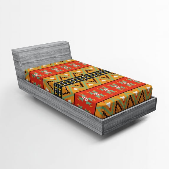 Ambesonne Abstract Fitted Sheet, Geometric Bohemian Motifs, Twin Size, Seafoam Orange Indigo