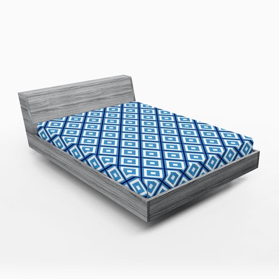 Ambesonne Abstract Fitted Sheet, Geometric Diamond Form, Full Size, Navy Sky Blue White