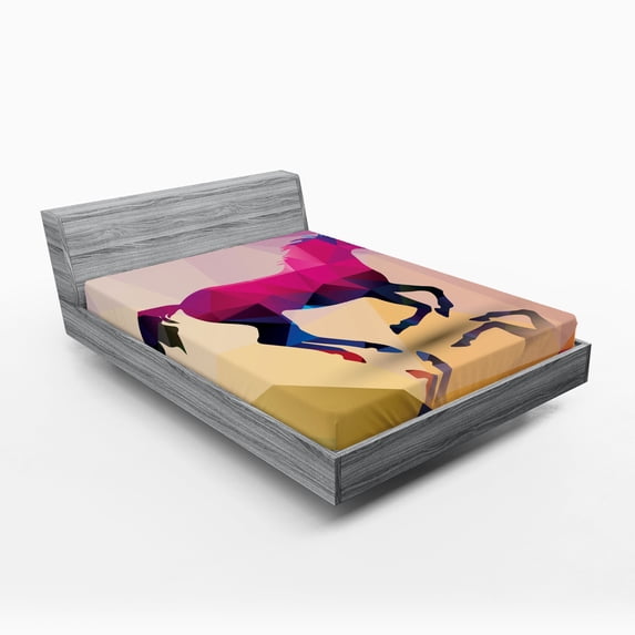 Ambesonne Abstract Fitted Sheet, Geometric Horse Animal, Queen Size, Cream Pink Purple