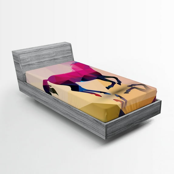 Ambesonne Abstract Fitted Sheet, Geometric Horse Animal, Twin XL Size, Cream Pink Purple