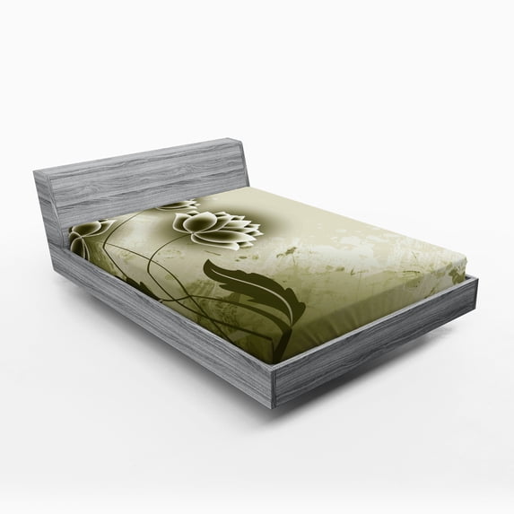 Ambesonne Abstract Fitted Sheet, Grey Flowers Ivy Leaf, Queen Size, Olive Green Dark Green