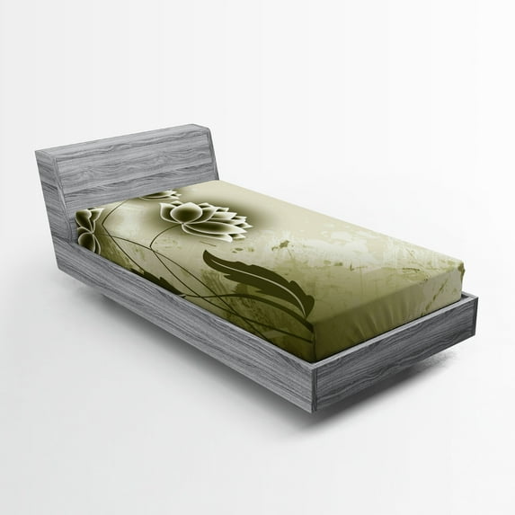 Ambesonne Abstract Fitted Sheet, Grey Flowers Ivy Leaf, Twin XL Size, Olive Green Dark Green