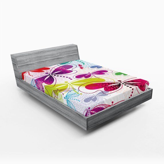 Ambesonne Abstract Fitted Sheet, Hydrangea Dragonflies, Full Size, Multicolor