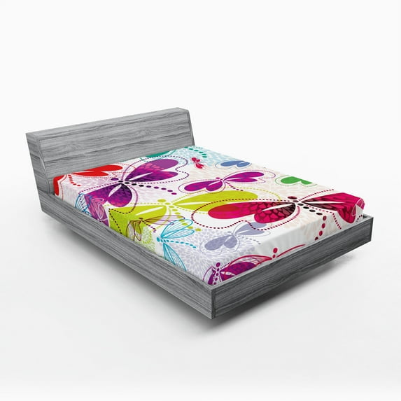 Ambesonne Abstract Fitted Sheet, Hydrangea Dragonflies, Queen Size, Multicolor