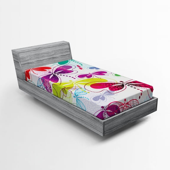 Ambesonne Abstract Fitted Sheet, Hydrangea Dragonflies, Twin XL Size, Multicolor