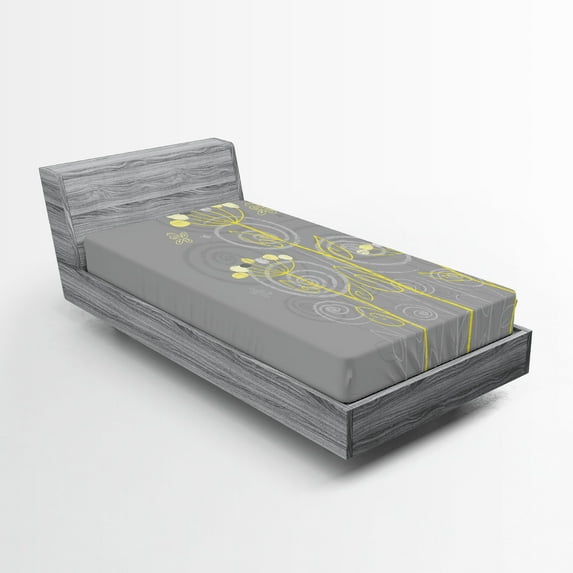 Ambesonne Abstract Fitted Sheet, Nature Beauty Flower Twigs, Twin Size, Grey Yellow