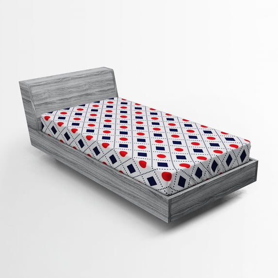 Ambesonne Abstract Fitted Sheet, Nautical Circles Squares, Twin Size, Navy Blue White Red