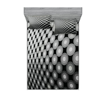Ambesonne Abstract Fitted Sheet & Pillow Sham Set, 3D Digital Mosaic Dots, Queen, Black White Grey