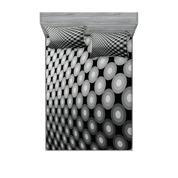 Ambesonne Abstract Fitted Sheet & Pillow Sham Set, 3D Digital Mosaic Dots, Queen, Black White Grey