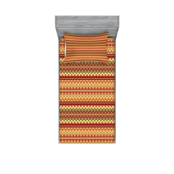 Ambesonne Abstract Fitted Sheet & Pillow Sham Set, Aztec Folk Ornament, Twinxl, Orange and Yellow