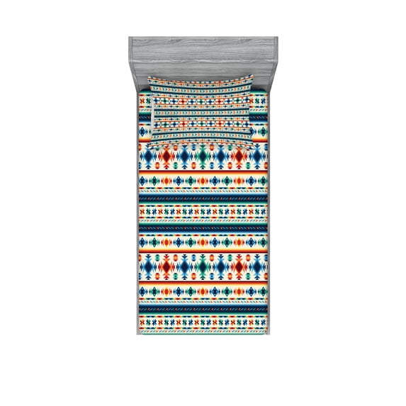 Ambesonne Abstract Fitted Sheet & Pillow Sham Set, Aztec Geometry Prehistoric, Twin, Blue White and Orange