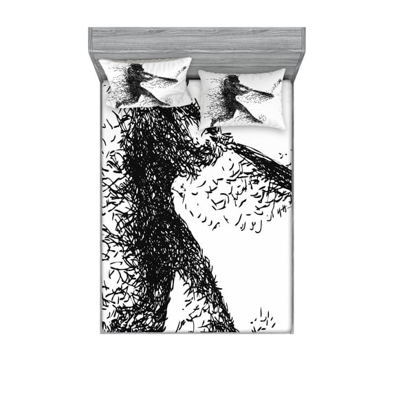 Ambesonne Abstract Fitted Sheet & Pillow Sham Set, Baseball Player, Queen, Charcoal Grey White