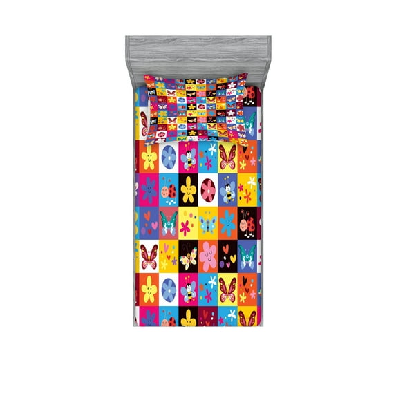 Ambesonne Abstract Fitted Sheet & Pillow Sham Set, Beetles Flowers Bees, Twin, Multicolor