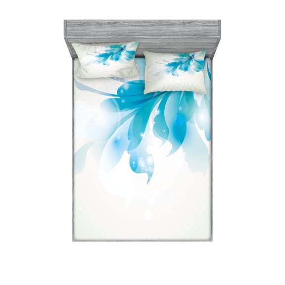 Ambesonne Abstract Fitted Sheet & Pillow Sham Set, Blue Ombre Flowers, King, Pale Blue and White