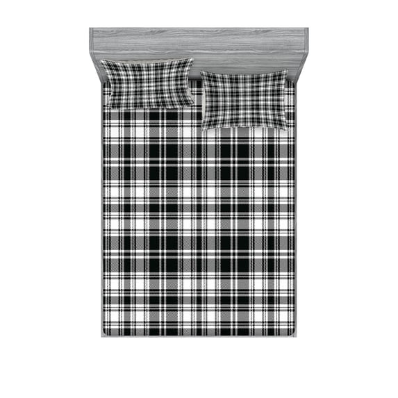 Ambesonne Abstract Fitted Sheet & Pillow Sham Set, British Tartan Pattern, Queen, White Black