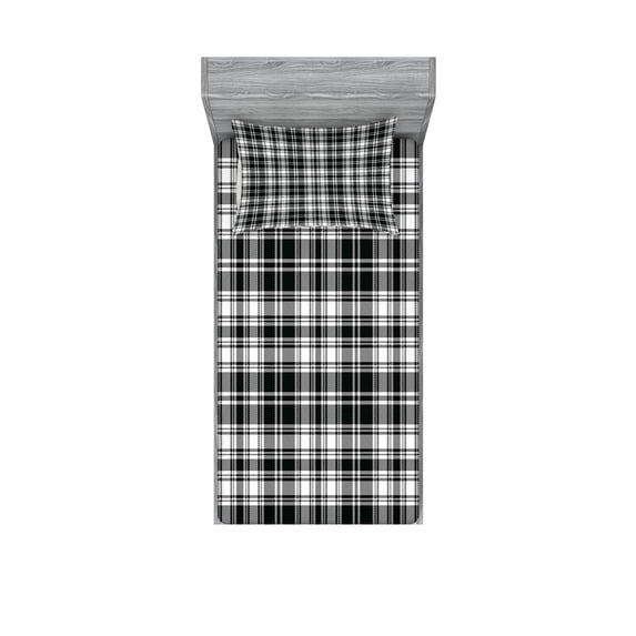 Ambesonne Abstract Fitted Sheet & Pillow Sham Set, British Tartan Pattern, Twinxl, White Black