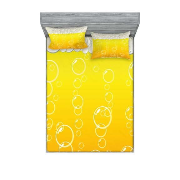 Ambesonne Abstract Fitted Sheet & Pillow Sham Set, Bubbles Beer Macro, Full, Yellow White
