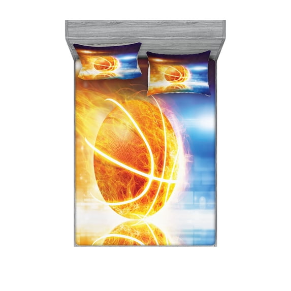Ambesonne Abstract Fitted Sheet & Pillow Sham Set, Burning Basketball Art, Full, Blue Yellow