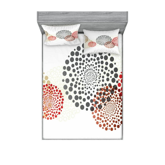 Ambesonne Abstract Fitted Sheet & Pillow Sham Set, Circled Modern Dots, Full, Maroon Grey Red