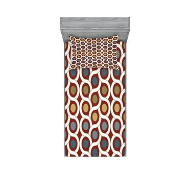 Ambesonne Abstract Fitted Sheet & Pillow Sham Set, Circular Forms Rounds, Twin, Ruby Khaki Blue